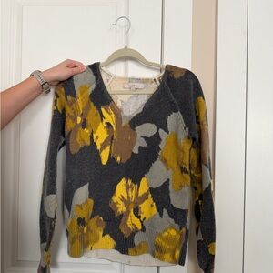 LOFT Charcoal V-Neck Sweater with Mustard & Gray Floral Print